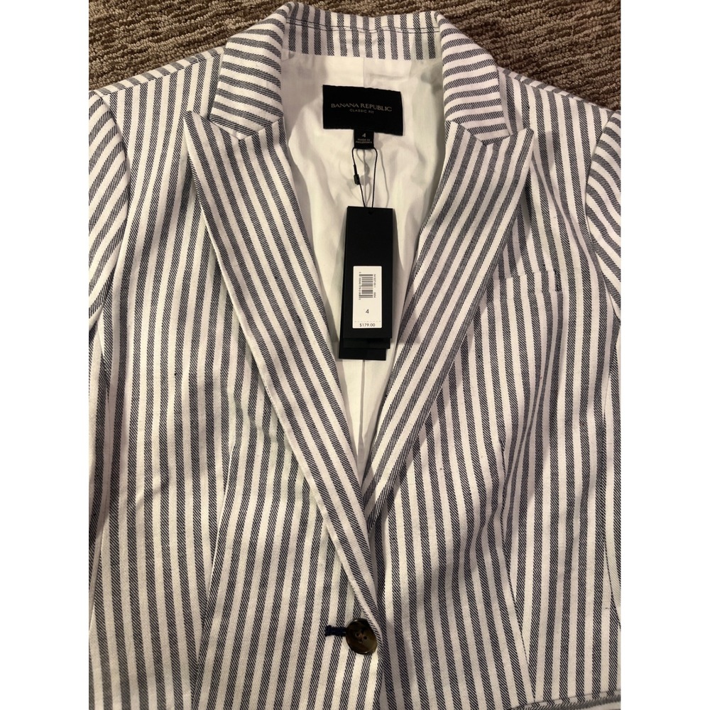 Banana Republic Classic Fit Striped Linen Blend Blazer Navy White 4 NWT